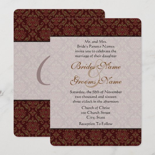 Bruin Damask Wedding Uitnodiging (Voorkant / Achterkant)