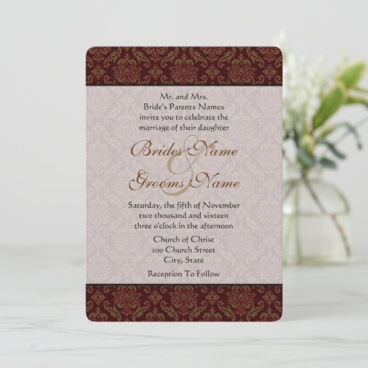 Bruin Damask Wedding Uitnodiging (Staand voorkant)