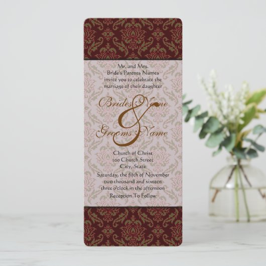Bruin Damask Wedding Uitnodiging (Staand voorkant)