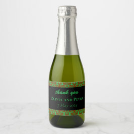 Bruin damast patroon groene bruiloft sparkling wijnetiket