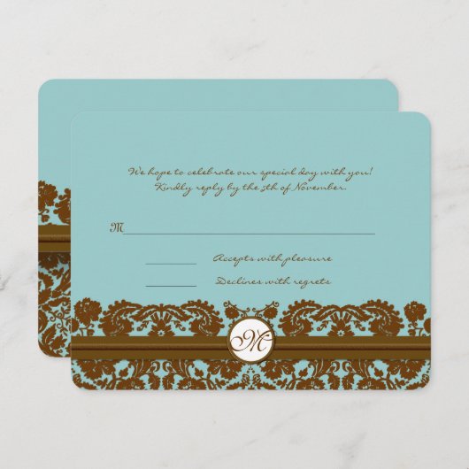 Bruin Damast Trouw Monogram Reactiekaart RSVP Kaartje (Voorkant / Achterkant)
