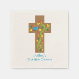 Bruin decoratief kruis met vogelcommunie servet
