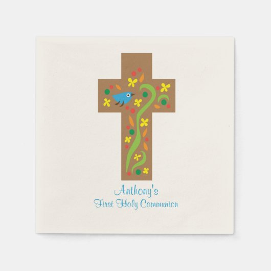 Bruin decoratief kruis met vogelcommunie servet (Voorkant)