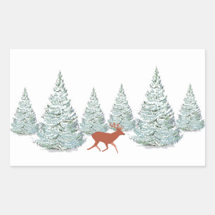 Bruin deer onder sneeuwbedekte sparren rechthoekige sticker