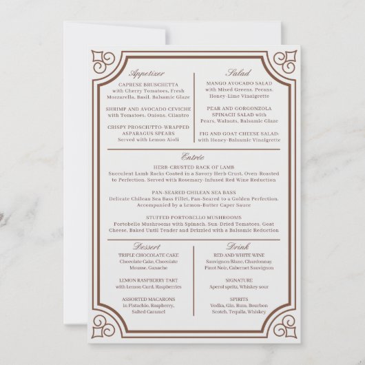 Bruin & Ecru Classic Script Bruiloft Menu Kaart (Voorkant)
