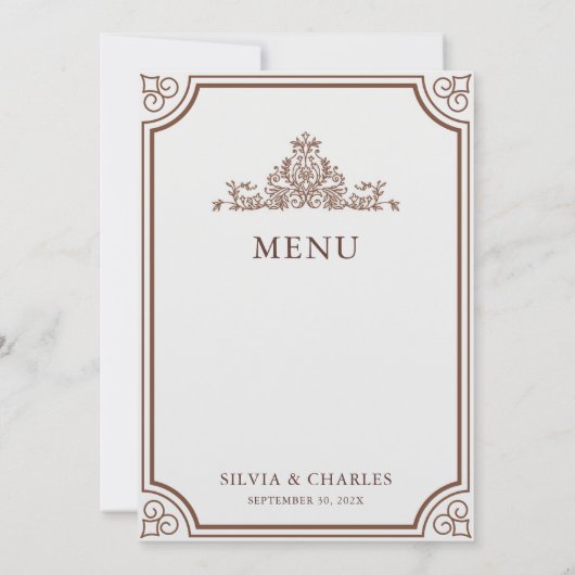 Bruin & Ecru Classic Script Bruiloft Menu Kaart (Achterkant)