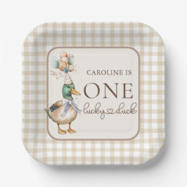 Bruin Een Lucky Duck Ballon 1e verjaardag Papieren Bordje