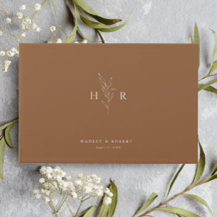 Bruin Eenvoudig Minimaal Monogram Botanische Huwel Gastenboek