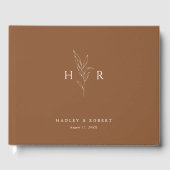 Bruin Eenvoudig Minimaal Monogram Botanische Huwel Gastenboek (Voorkant)