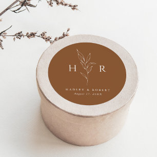 Bruin Eenvoudig Minimaal Monogram Botanische Huwel Ronde Sticker