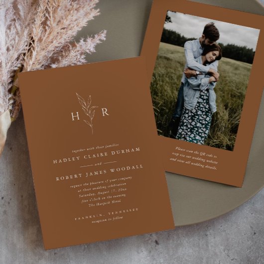 Bruin Eenvoudig Monogram QR Code Fotobruiloft Kaart