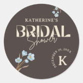 Bruin Elegant Blauw Waterverf Bloemen Vrijgezellen Ronde Sticker (Voorkant)