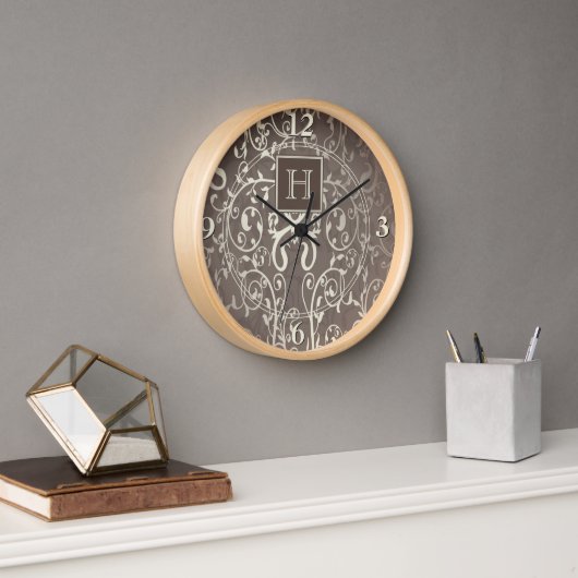 Bruin Elegant Bloei Monogram Klok (Kantoor)