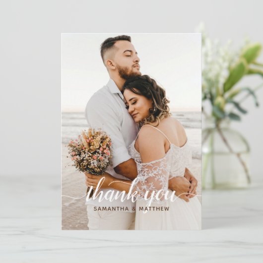 Bruin Elegant Modern Rustic Foto Wedding Bedankkaart (Staand voorkant)