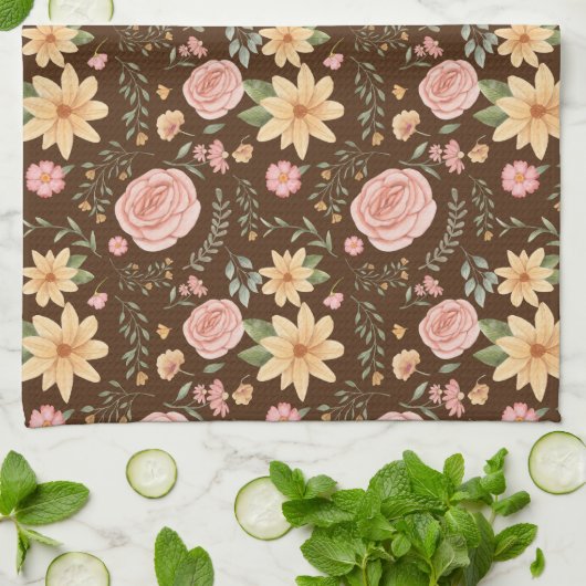 Bruin Elegant  Wildbloempatroon Theedoek (Gevouwen)