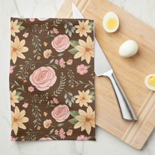 Bruin Elegant  Wildbloempatroon Theedoek (Quarter Fold)