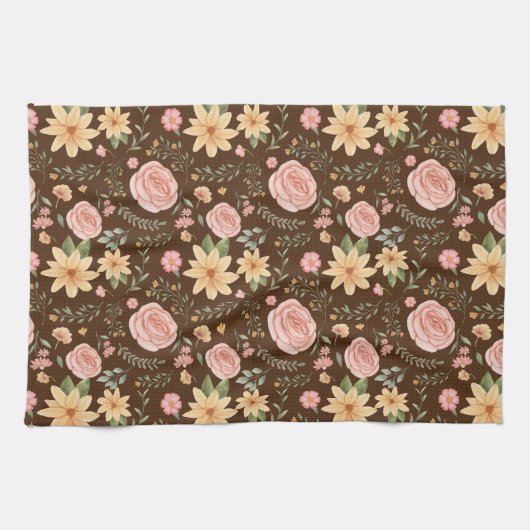 Bruin Elegant  Wildbloempatroon Theedoek (Horizontaal)