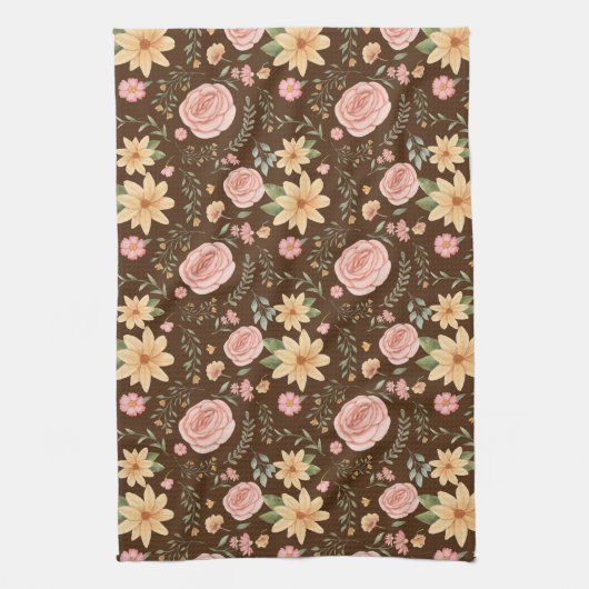 Bruin Elegant  Wildbloempatroon Theedoek (Verticaal)