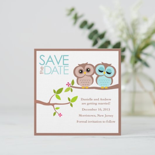 Bruin en Aqua Owls Wedding Save the Date Kaart (Staand voorkant)