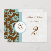 Bruin en Aqua Trim Damask Swirls Table Number Kaar Briefkaart (Voorkant / Achterkant)