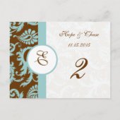 Bruin en Aqua Trim Damask Swirls Table Number Kaar Briefkaart (Achterkant)