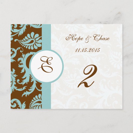 Bruin en Aqua Trim Damask Swirls Table Number Kaar Briefkaart (Achterkant)
