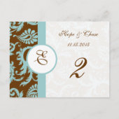 Bruin en Aqua Trim Damask Swirls Table Number Kaar Briefkaart (Voorkant)