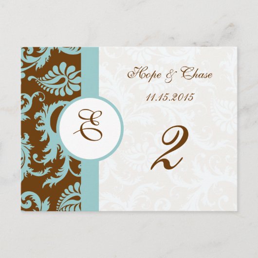 Bruin en Aqua Trim Damask Swirls Table Number Kaar Briefkaart (Voorkant)