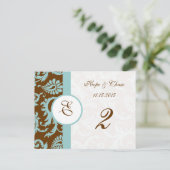 Bruin en Aqua Trim Damask Swirls Table Number Kaar Briefkaart (Staand voorkant)