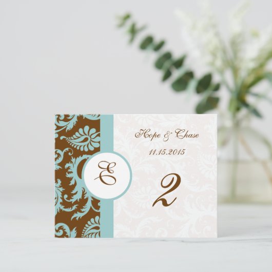 Bruin en Aqua Trim Damask Swirls Table Number Kaar Briefkaart (Staand voorkant)