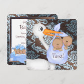 Bruin en Baby Blue Damask Twin Baby shower Kaart (Voorkant / Achterkant)