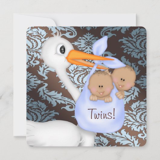 Bruin en Baby Blue Damask Twin Baby shower Kaart (Voorkant)