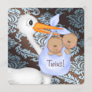 Bruin en Baby Blue Damask Twin Baby shower Kaart