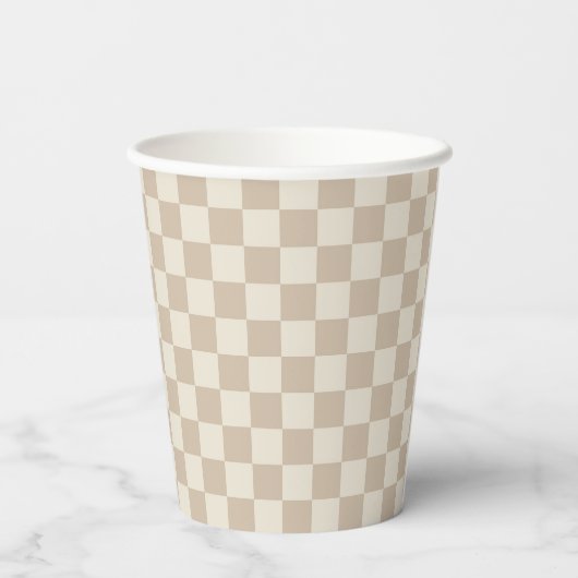 Bruin en Beige Checkerboard Papieren Bekers (Achterkant)