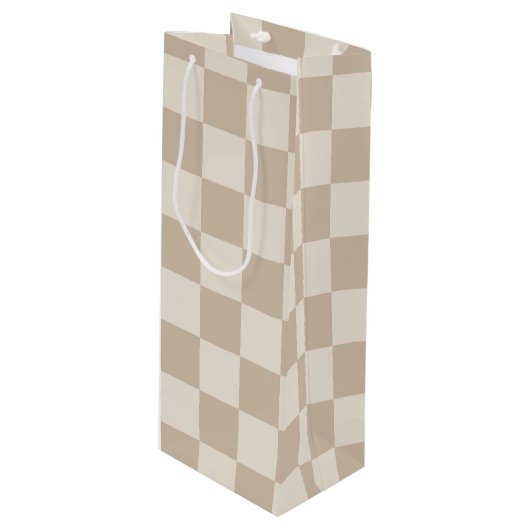 Bruin en Beige Checkerboard Wijn Cadeautas (Voorkant Gekanteld)