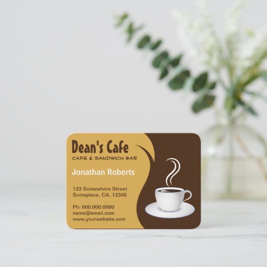Bruin en Beige Stijlvolle Koffiewinkel Café Groot Visitekaartje (Staand voorkant)