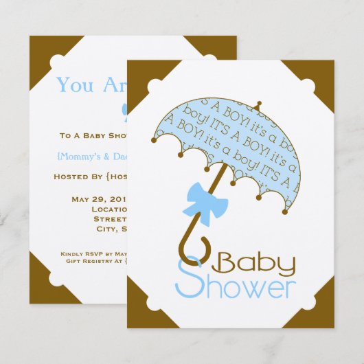 Bruin en blauw Baby shower Kaart (Voorkant / Achterkant)
