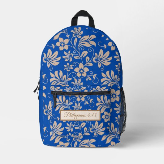 bruin en blauw bloemmotief met bijbelvers bedrukte rugzak (Voorkant)