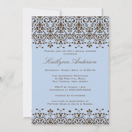 Bruin en blauw Damask Bridal Shower Invitation Kaart (Voorkant)