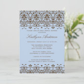 Bruin en blauw Damask Bridal Shower Invitation Kaart (Staand voorkant)