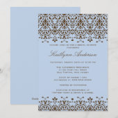 Bruin en blauw Damask Bridal Shower Invitation Kaart (Voorkant / Achterkant)