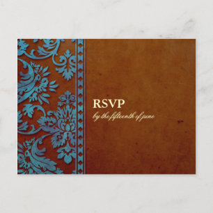 bruin en blauw Damask Lace Wedding RSVP Uitnodiging Briefkaart