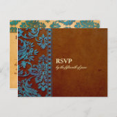  bruin en blauw Damask Lace Wedding RSVP Uitnodiging Briefkaart (Voorkant / Achterkant)