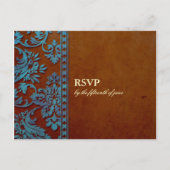 bruin en blauw Damask Lace Wedding RSVP Uitnodiging Briefkaart (Voorkant)