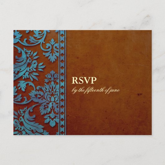  bruin en blauw Damask Lace Wedding RSVP Uitnodiging Briefkaart (Voorkant)