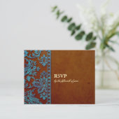  bruin en blauw Damask Lace Wedding RSVP Uitnodiging Briefkaart (Staand voorkant)