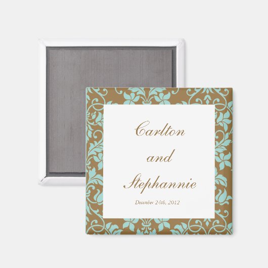 Bruin en blauw Damask Wedding Magnet Favor (Voorkant / Achterkant)