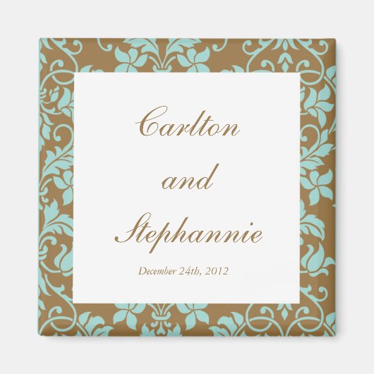 Bruin en blauw Damask Wedding Magnet Favor (Voorkant)