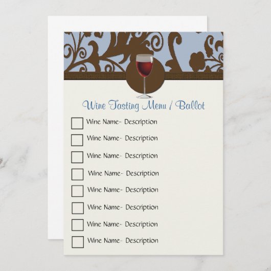 Bruin en Blauw Damask Wijnproeverij Menu (Voorkant / Achterkant)