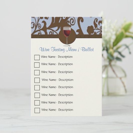 Bruin en Blauw Damask Wijnproeverij Menu (Staand voorkant)